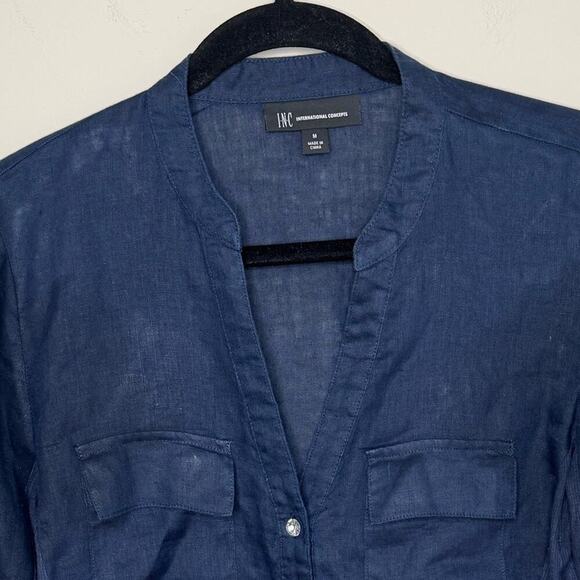 INC Linen blouse with embellished buttons Navy size Medium - Picture 4 of 4